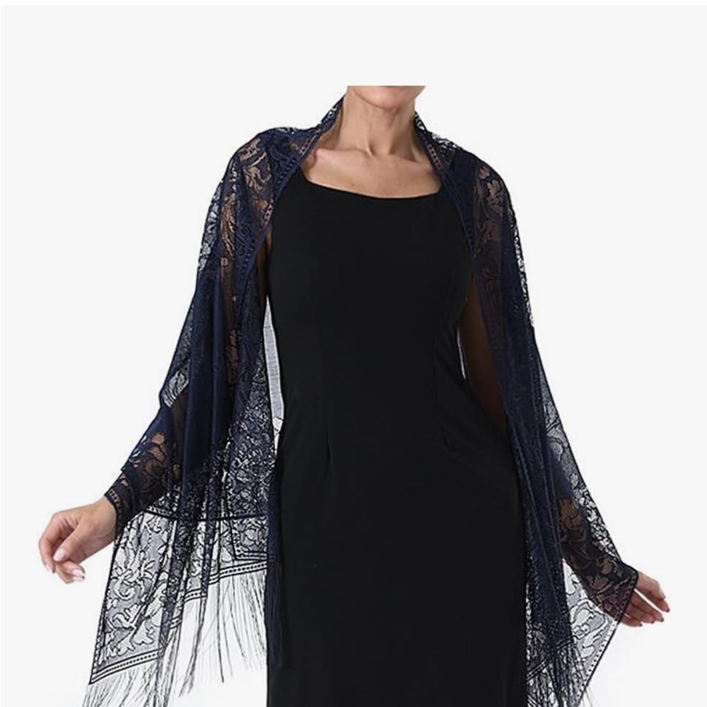 Ladiery Women's Floral Lace Scarf
Shawl with Tass... Elegant Navy Lace Shawl